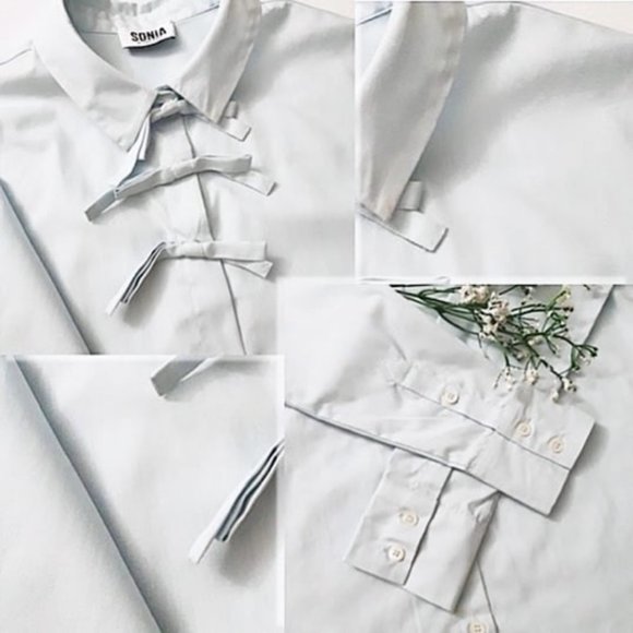 SONIA RYKIEL 100% Cotton Light Blue Pretty Triple Bow Blouse Top Button Collar - Picture 7 of 12